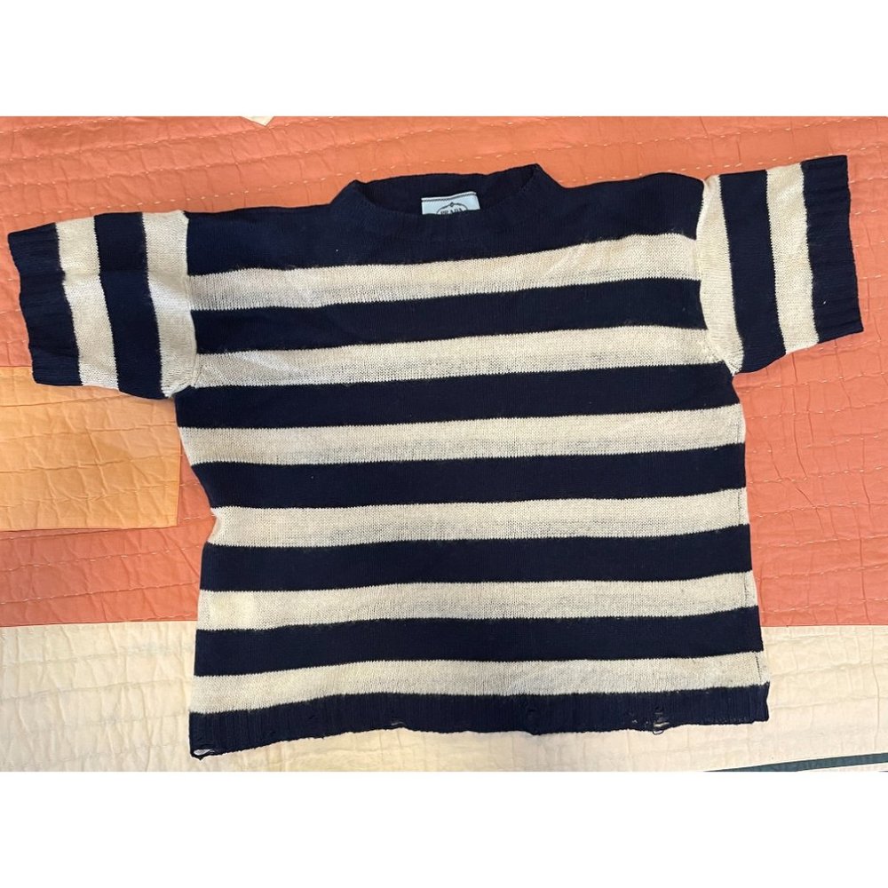 PRADA  Cashmere Nautical Stripe Short Sleeve Sweater with open stitch details